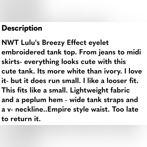 NWT Lulu's Breezy Effect Ivory Eyelet Tank Top Size Medium - Picture 15 of 15